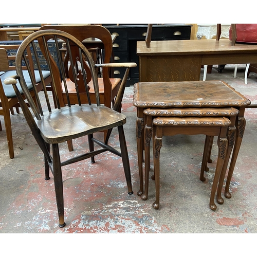 72 - Two pieces of furniture, one Ercol elm and beech carver chair and one Queen Anne style burr walnut n... 