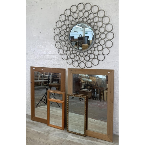 237 - Six framed wall mirrors, four pine, one gilt and one metal