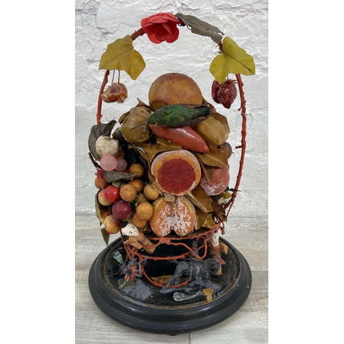 80 - A Victorian wax fruit and taxidermy exotic bird display under glass dome on ebonised stand - approx.... 