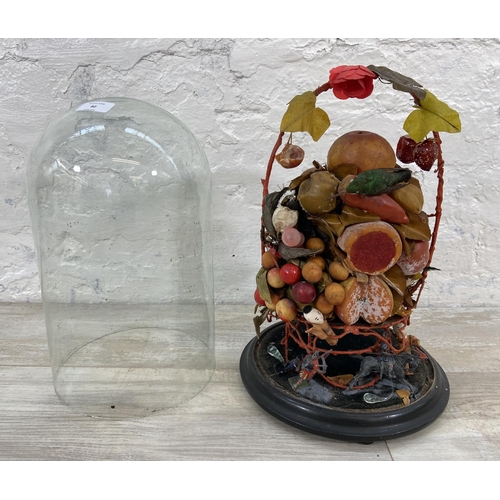 80 - A Victorian wax fruit and taxidermy exotic bird display under glass dome on ebonised stand - approx.... 