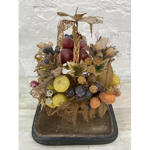 82 - A Victorian wax fruit display under glass dome on ebonised stand - approx. 43cm high x 29cm wide x 2... 