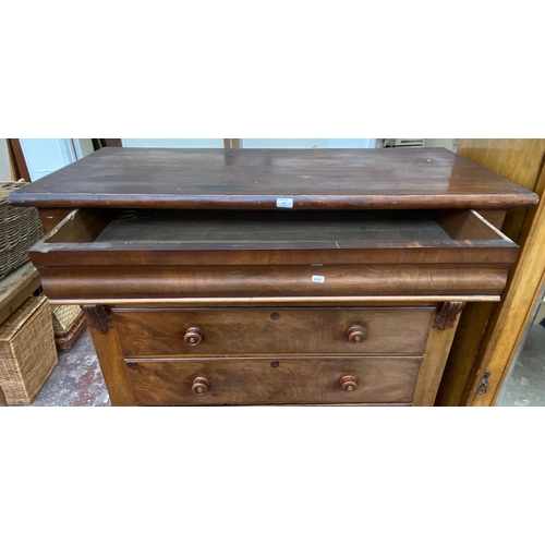 86 - A Victorian mahogany chest of drawers on turned supports with carved acanthus leaf design - approx. ... 