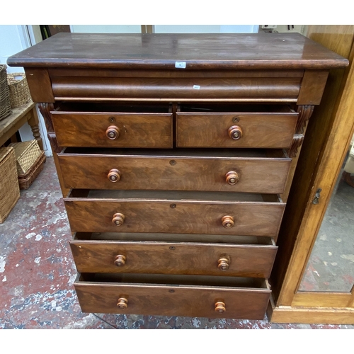 86 - A Victorian mahogany chest of drawers on turned supports with carved acanthus leaf design - approx. ... 