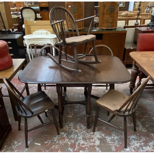 88 - Six pieces of furniture, four Ercol Windsor beech dining chairs, one Ercol Windsor beech rocking cha... 