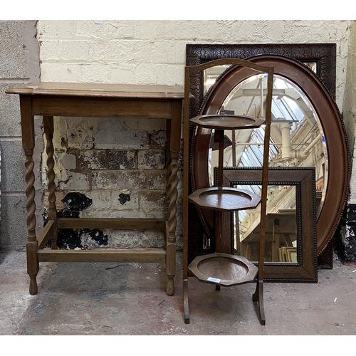 32 - Five pieces of early 20th century furniture, one oak three tier folding cake stand, one oak serpenti... 