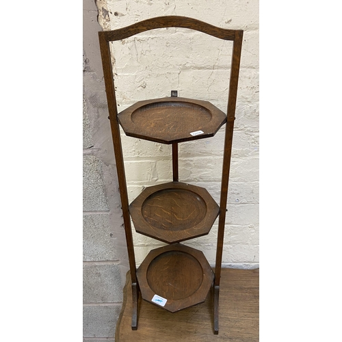 32 - Five pieces of early 20th century furniture, one oak three tier folding cake stand, one oak serpenti... 