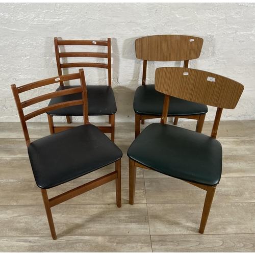 94 - Four mid 20th century beech and vinyl dining chairs, two black vinyl and two teak effect and green v... 