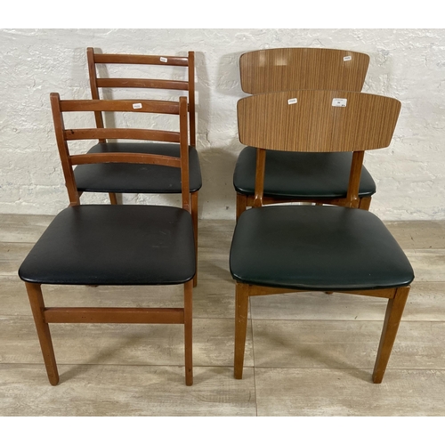 94 - Four mid 20th century beech and vinyl dining chairs, two black vinyl and two teak effect and green v... 