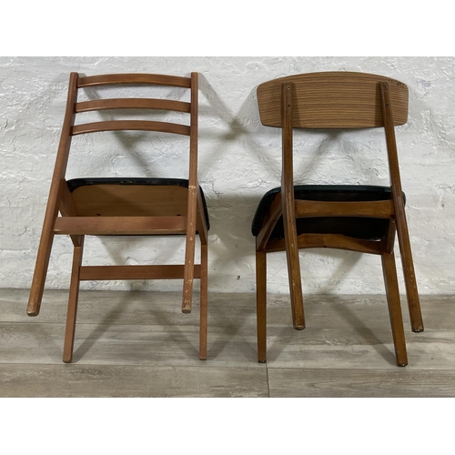 94 - Four mid 20th century beech and vinyl dining chairs, two black vinyl and two teak effect and green v... 