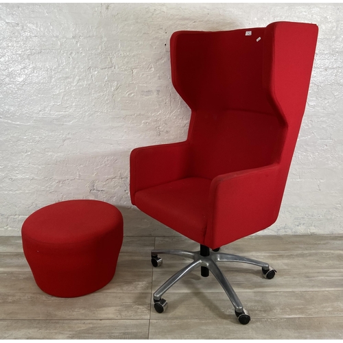 40 - Two pieces of modern red fabric upholstered furniture, one swivel armchair and one Orangebox circula... 