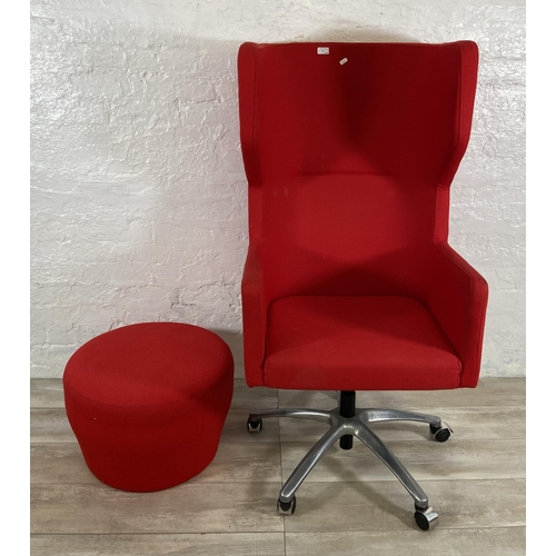 40 - Two pieces of modern red fabric upholstered furniture, one swivel armchair and one Orangebox circula... 