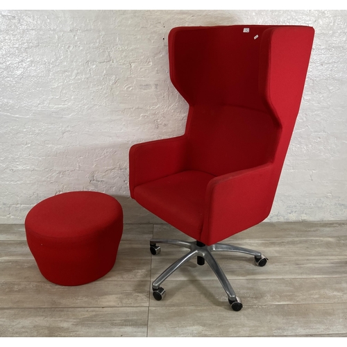 40 - Two pieces of modern red fabric upholstered furniture, one swivel armchair and one Orangebox circula... 