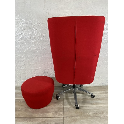 40 - Two pieces of modern red fabric upholstered furniture, one swivel armchair and one Orangebox circula... 