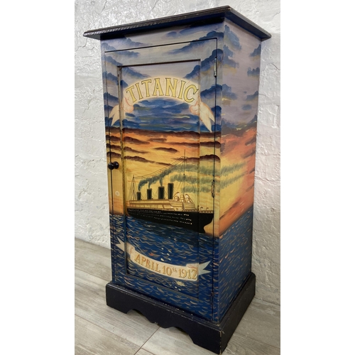 46 - A modern hand painted side cabinet with Titanic April 10th 1912 design - approx. 87cm high x 43cm wi... 