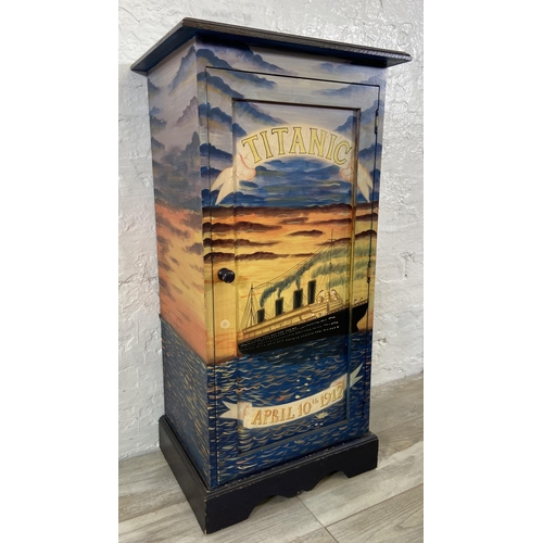 46 - A modern hand painted side cabinet with Titanic April 10th 1912 design - approx. 87cm high x 43cm wi... 