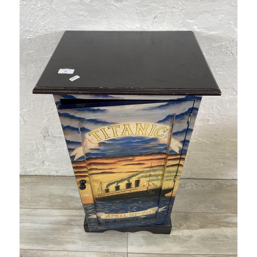 46 - A modern hand painted side cabinet with Titanic April 10th 1912 design - approx. 87cm high x 43cm wi... 