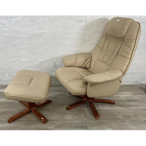 47 - A Stressless style cream leather and bentwood swivel armchair and footstool