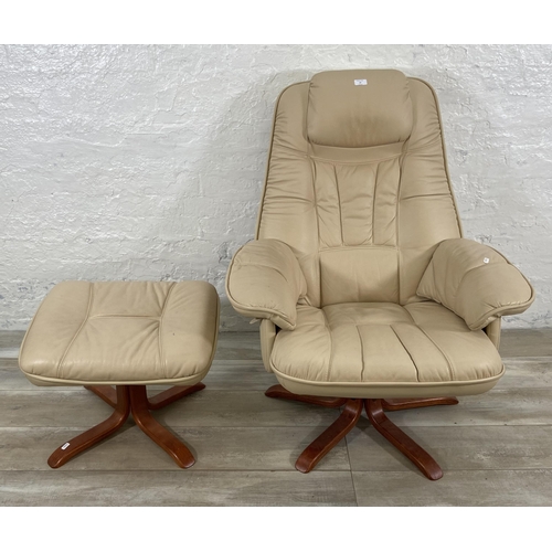 47 - A Stressless style cream leather and bentwood swivel armchair and footstool