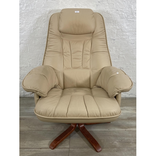 47 - A Stressless style cream leather and bentwood swivel armchair and footstool