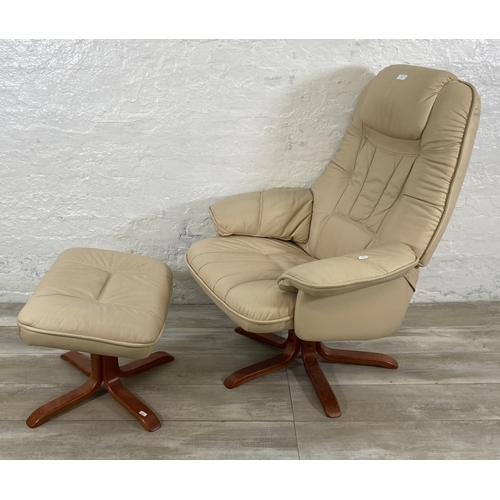 47 - A Stressless style cream leather and bentwood swivel armchair and footstool