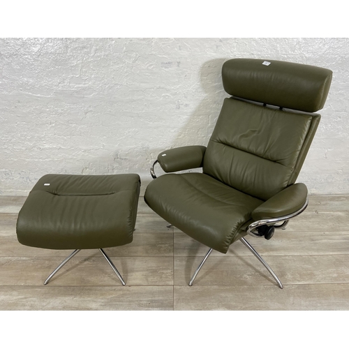 48 - An Ekornes Stressless Tokyo green leather and chrome plated swivel reclining armchair and footstool