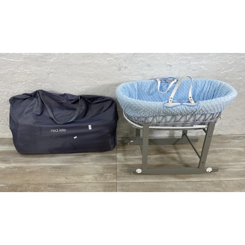 55 - Two baby items, one Cuddles Collection Ltd. grey painted wicker Moses basket on rocking stand and on... 