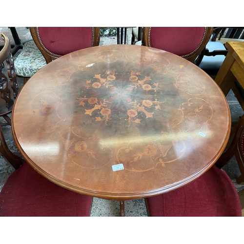 58 - An Italian style inlaid walnut effect circular pedestal dining table and four chairs