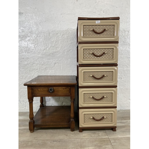 109 - Two pieces of furniture, one 17th century style oak side table and one 1970s plastic chest of drawer... 