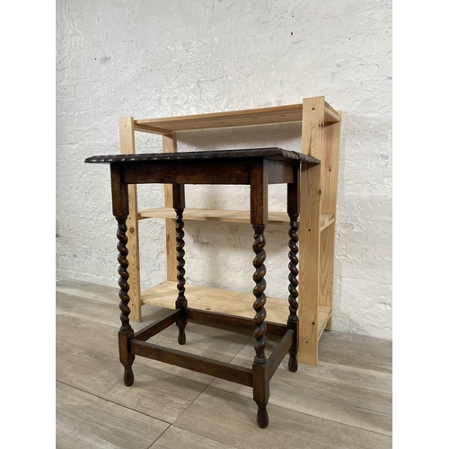 154 - Two pieces of furniture, one pine shelving unit and one oak pie crust edge barley twist side table