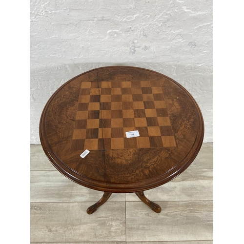 158 - A Victorian inlaid walnut circular tripod pedestal chess table - approx. 70cm high x 52cm diameter