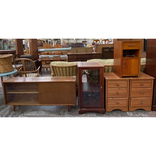 166 - Five pieces of furniture, two teak effect bedside chest of drawers, one modern hardwood bedside cabi... 