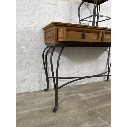 168 - Three pieces of pine and grey metal furniture, three drawer console table - approx. 83cm high x 120c... 