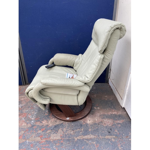 169 - A Himolla Cosyform Tobi green leather and beech electric reclining armchair with remote and instruct... 