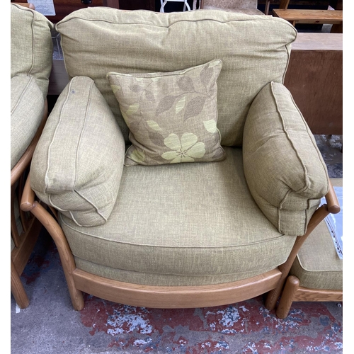 178 - An Ercol Renaissance ash and green fabric upholstered three piece lounge suite comprising 2411/3 thr... 