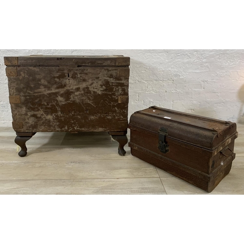 195 - Two early 20th century items, one metal travel trunk and one ebonised pine toolbox