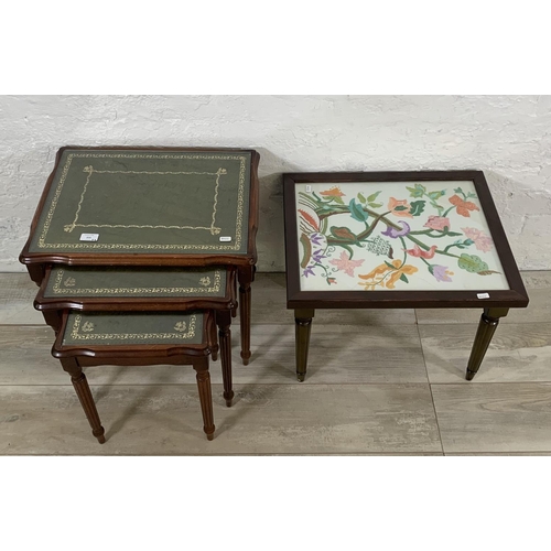 214 - Two pieces of occasional furniture, one stained beech rectangular side table with floral embroidered... 