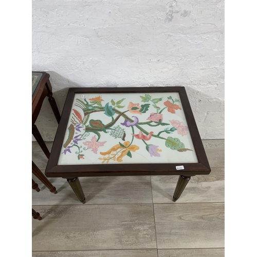 214 - Two pieces of occasional furniture, one stained beech rectangular side table with floral embroidered... 