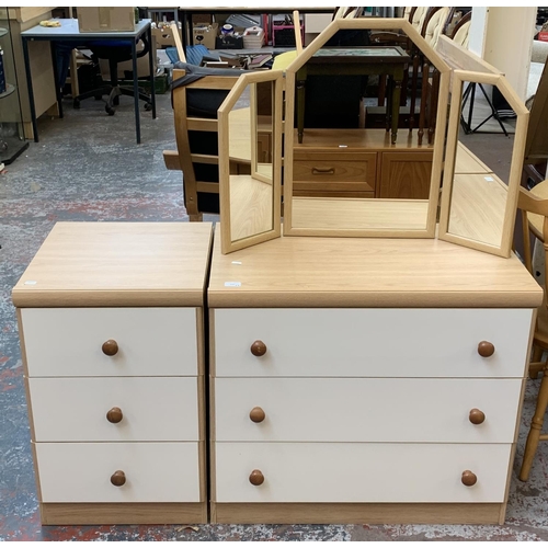 218 - Two pieces of oak effect and white laminate bedroom furniture, one bedside chest of drawers and one ... 