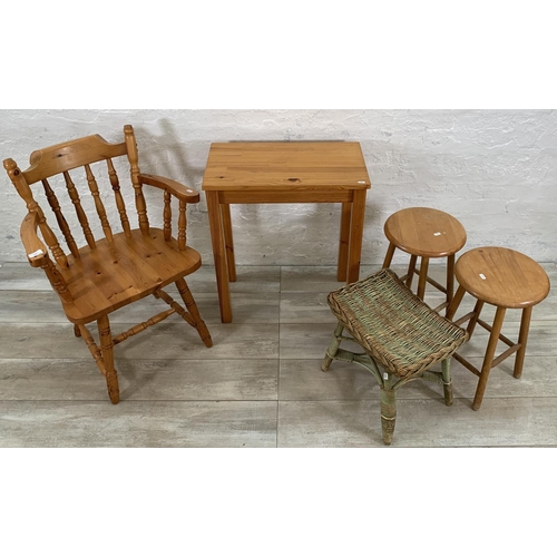 230 - Five pieces of furniture, two beech circular top stools, one pine side table, one wicker stool and o... 