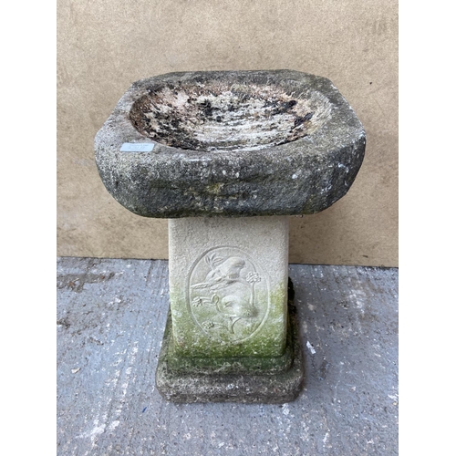 231D - A cast stone bird bath - approx. 64cm high x 36cm wide x 36cm deep