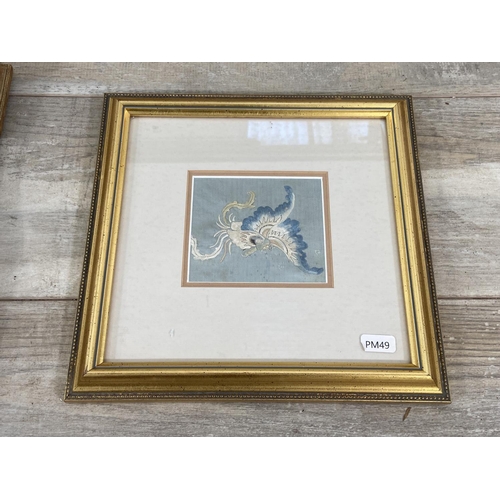 257 - Four framed pictures, one mid 19th century fragment of a Chinese embroidered robe, one watercolour o... 