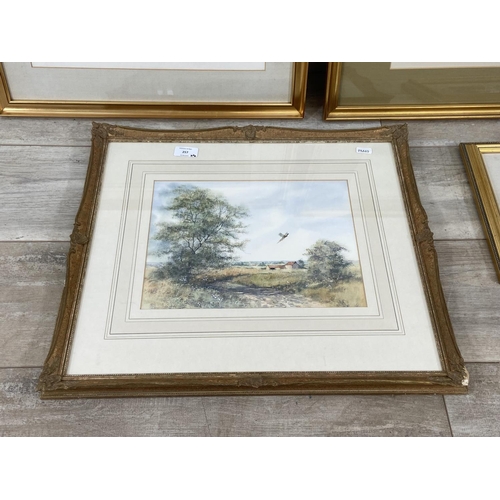 257 - Four framed pictures, one mid 19th century fragment of a Chinese embroidered robe, one watercolour o... 