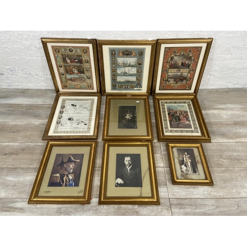 262 - Nine gilt framed prints to include map of the British Empire 1837 and 1897, The Imperial Bodyguard: ... 