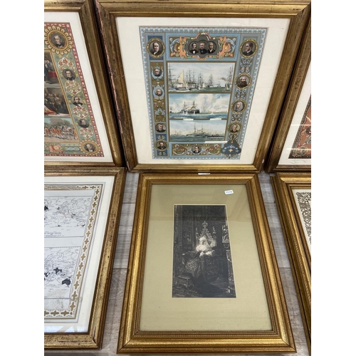 262 - Nine gilt framed prints to include map of the British Empire 1837 and 1897, The Imperial Bodyguard: ... 