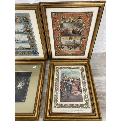 262 - Nine gilt framed prints to include map of the British Empire 1837 and 1897, The Imperial Bodyguard: ... 