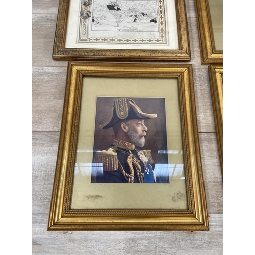 262 - Nine gilt framed prints to include map of the British Empire 1837 and 1897, The Imperial Bodyguard: ... 