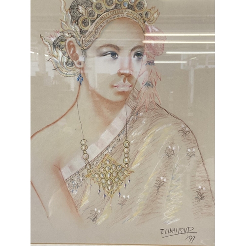 275 - Two framed pictures, one late 20th century pastel portrait of an Oriental lady - approx. 63cm high x... 