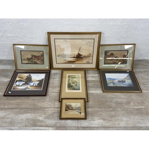 276 - Seven framed pictures to include L. Bowden Clovelly Harbour print, two early 20th century Eastwood w... 