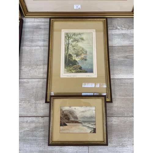 276 - Seven framed pictures to include L. Bowden Clovelly Harbour print, two early 20th century Eastwood w... 