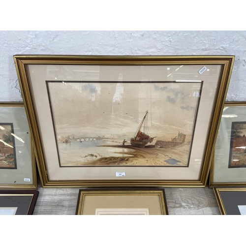 276 - Seven framed pictures to include L. Bowden Clovelly Harbour print, two early 20th century Eastwood w... 